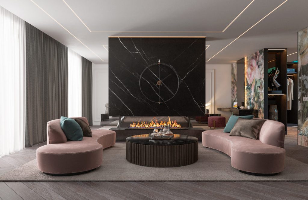 Salón con butacas curvas, chimenea y materiales de carácter