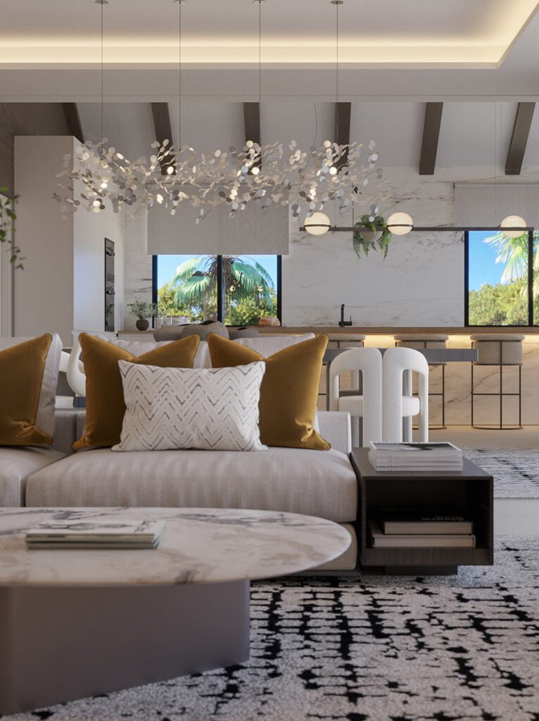Salón luminoso con sofá y textiles neutros