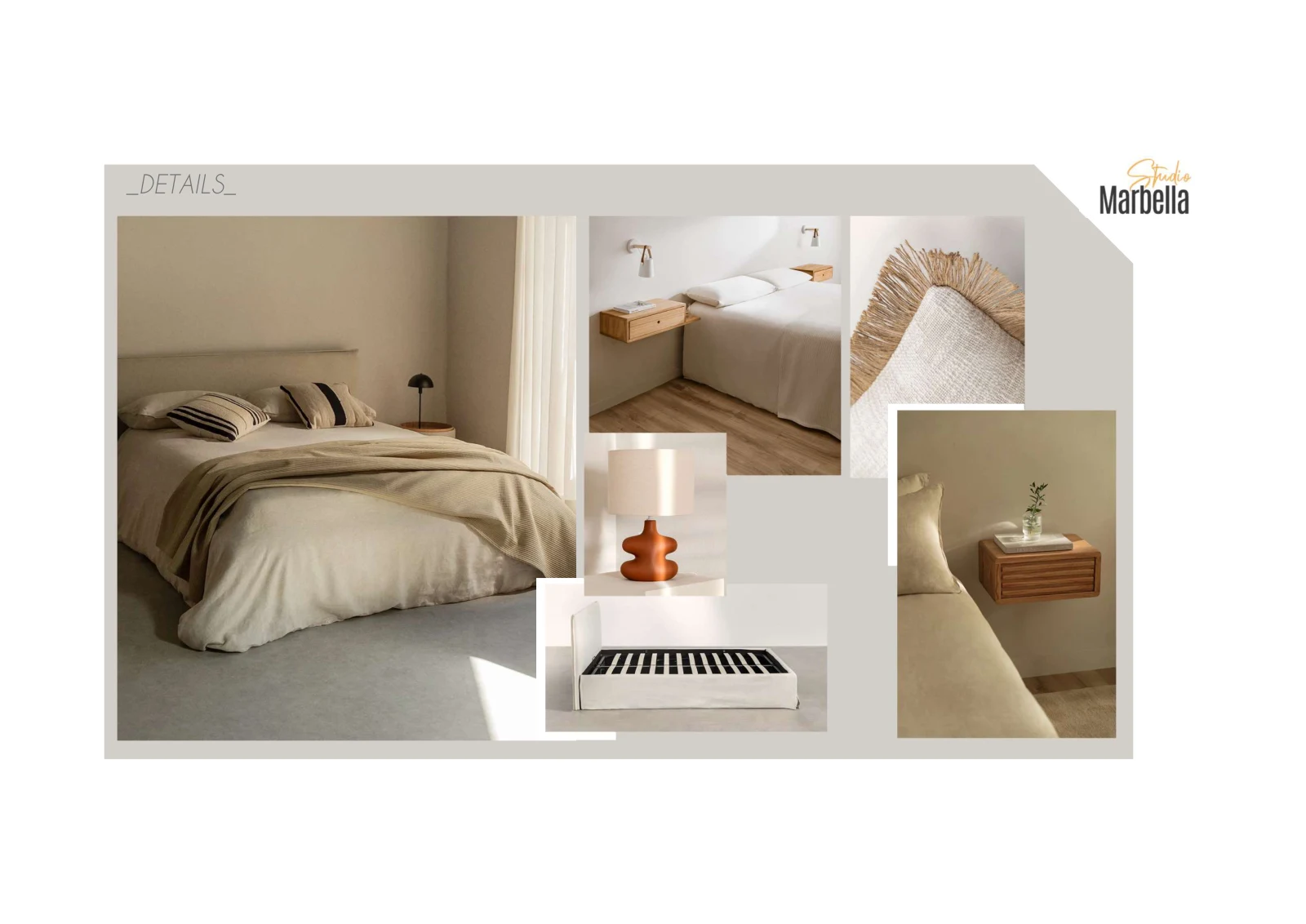 Main bedroom moodboard: Option 1 · Bed and finishes