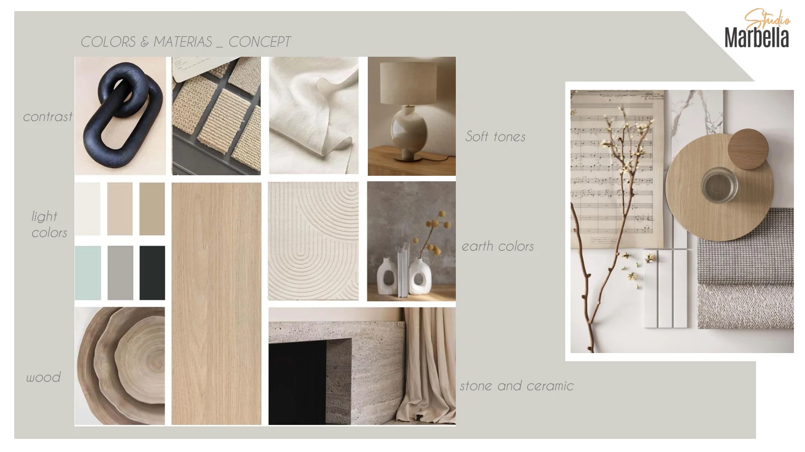 Living and dining room moodboard: Materials and colours