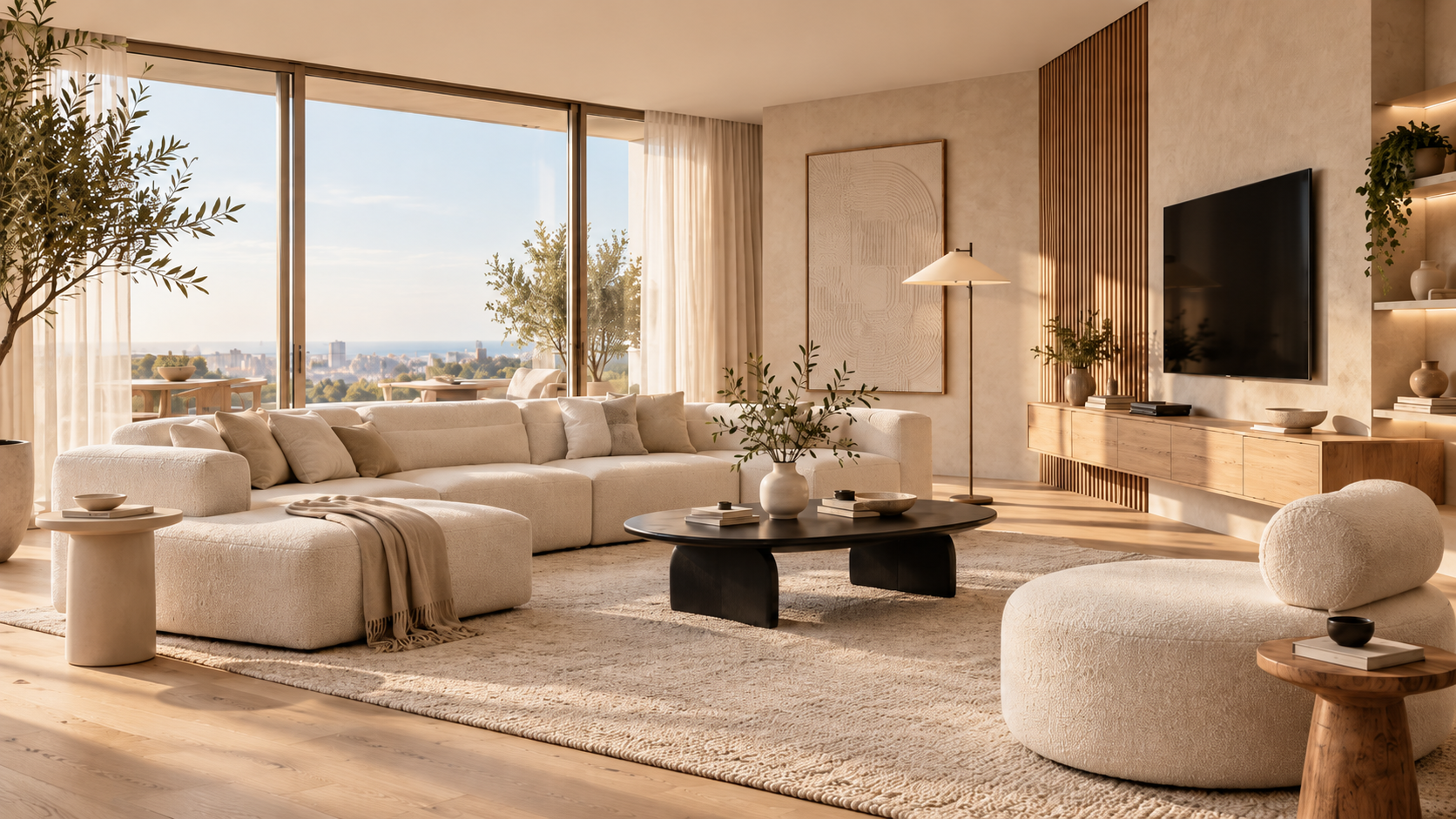 Living room with a light modular sofa, curved armchair, black coffee table and wooden furniture