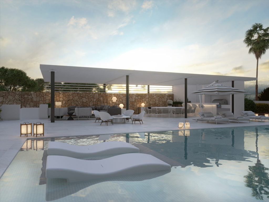 Villa contemporánea con terraza, piscina y grandes ventanales